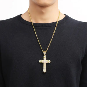 18k Golden Plated Men's & Women Necklace Vintage Fashion Full Rhinestone Cross Pendant Hip Hop Necklaces For Male Antique Jewelry Golden Chain