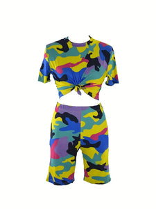 Hourglass Two-piece Sports Casual Set, Random Print Short Sleeve T-Shirt & Random Print Shorts 2pcs Outfit For Summer & Spring,