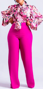 Plus Size Floral Pink Pants Suit