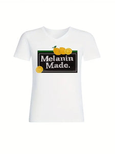 Lemon & Letter Print T-Shirt, Crew Neck Short Sleeve T-Shirt, Casual Every Day Top