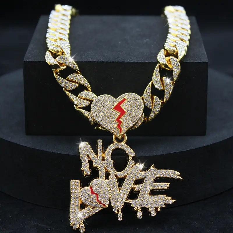 Men's Rhinestone Cracked Love No Love Pendant Hip Hop Necklace