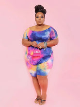 Load image into Gallery viewer, Plus Size Tie Dye Print Boat Collar Tops &amp; Skinny Shorts Set