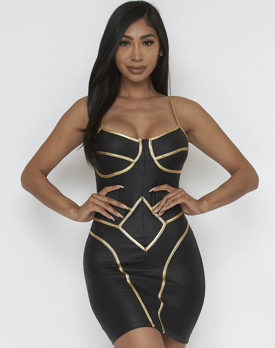 BLACK -GOLD SPAGHETTI STRAP CONTOUR MINI DRESS