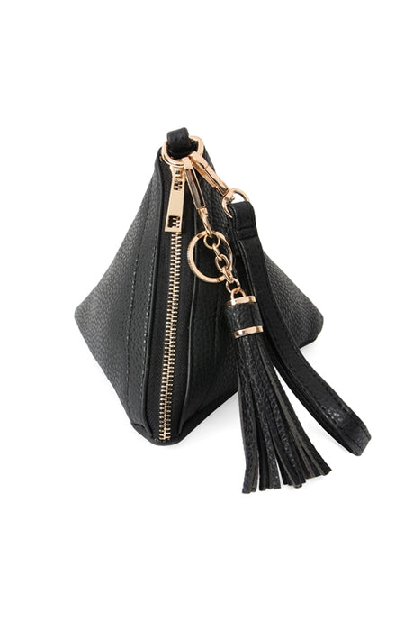 BLACK PYRAMID SHAPE TASSEL WRISTLET LEATHER BAG