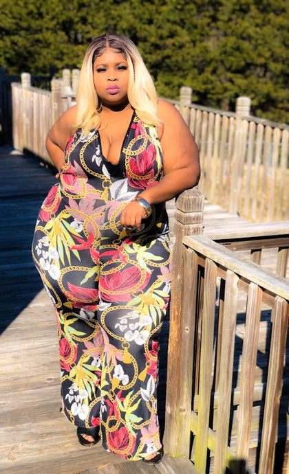 BLACK CHAIN PRINT SLEEVELESS CROSS BACK V-NECK PLUS SIZE JUMPSUIT