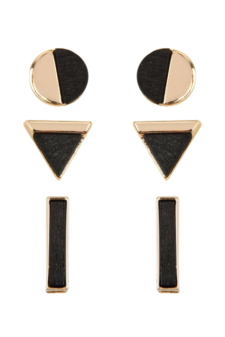 BLACK CIRCLE TRIANGLE BAR STUD EARRINGS SET