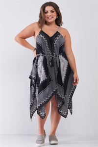 "Kerchief" Black & Grey Geometric Print V-Neck Sleeveless Self-Tie Belt Asymmetrical Plus Dress