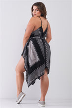 Load image into Gallery viewer, &quot;Kerchief&quot; Black &amp; Grey Geometric Print V-Neck Sleeveless Self-Tie Belt Asymmetrical Plus Dress