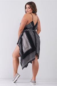 "Kerchief" Black & Grey Geometric Print V-Neck Sleeveless Self-Tie Belt Asymmetrical Plus Dress