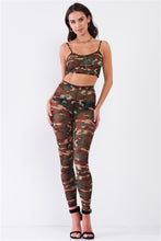 Load image into Gallery viewer, Camo Print Sexy Sheer Mesh Sleeveless Crop Top &amp; High Waist Legging Two Piece Set