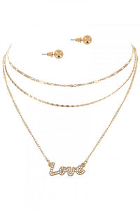 GOLD & MULTI COLOR LOVE PENDANT NECKLACE WITH GOLD STUD EARRINGS SET