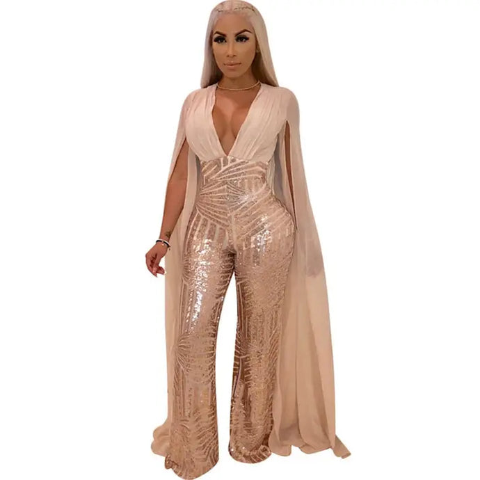 Rose Gold Loose Wide Leg Romper Evening Sparkly Jumpsuit Overalls