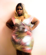 Load image into Gallery viewer, GREEN PINK TYE DYE PINK AND SILVER SHINE SHORT SLEEVE PLUS SIZE DRESS