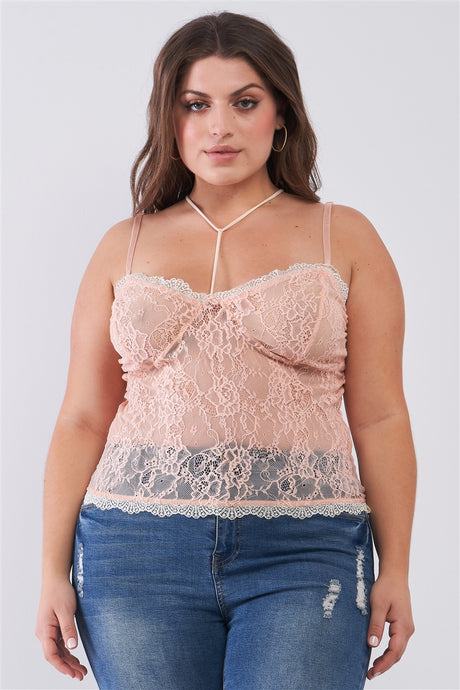 Plus Size Dusty Rose Sleeveless Sheer Lace Halter Neck Detail Bustier Top
