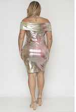 Load image into Gallery viewer, GREEN PINK TYE DYE PINK AND SILVER SHINE SHORT SLEEVE PLUS SIZE DRESS