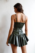 Load image into Gallery viewer, Olive Faux Leather Lace Up Bustier Top &amp; Corset Ruffle Mini Two Piece Skirt Set