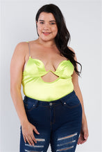Load image into Gallery viewer, Plus Size Neon Yellow Silk Chain Spaghetti Strap High Thong Center Cut Out Bodysuit