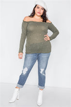 Load image into Gallery viewer, Plus Size Olive &amp; Pearl Ribbed Scallop Hem Off-The-Shoulder Top