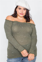Load image into Gallery viewer, Plus Size Olive &amp; Pearl Ribbed Scallop Hem Off-The-Shoulder Top
