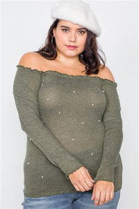 Plus Size Olive & Pearl Ribbed Scallop Hem Off-The-Shoulder Top
