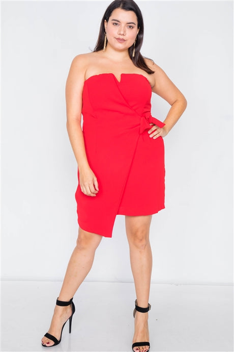 Plus Size Red Sleeveless Mock Wrap Mini Chic Dress