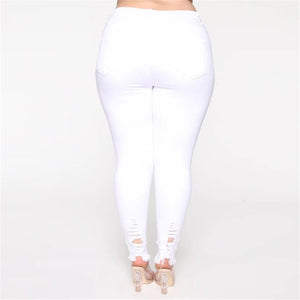White Plus Size Women Fashion High Waisted Raw Hem Ripped Jeans