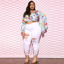 Load image into Gallery viewer, White Plus Size Women Fashion High Waisted Raw Hem Ripped Jeans