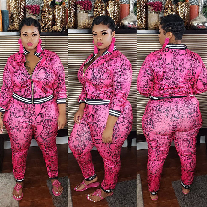 Women Snake Print Lapel Top And Pants Two Piece Plus Size Set