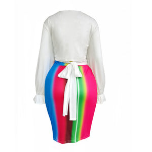 Multicolor Plus Size Stripe Printing Top And Skirts Two Piece Set