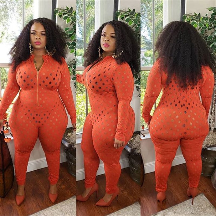 Orange Plus Size Stand Collar Hollow Out Jumpsuits