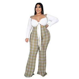 V Neck Knot Long Sleeve Top And Plaid Print Suspender Trousers  Plus Size Two-Piece Set