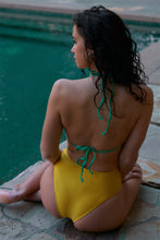 Load image into Gallery viewer, Yellow &amp; Sea Foam Green Color Block V-Neck Front Cut-Out Open Back High-Leg One Piece Swimsuit