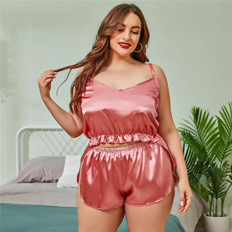 Mauve Sexy Silk Plus Size Ruffled Pajamas Lingerie